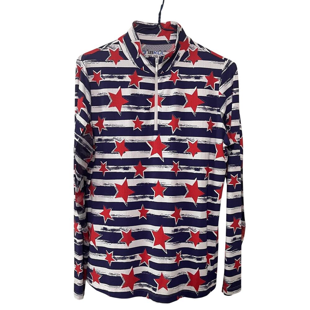 IBKÜL Americana Top Womens Medium Blue Red 1/4 Zip Sun Shirt UPF 50+ Golf Gym